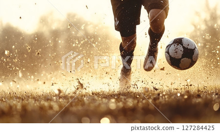 Soccer Player Kicking Ball in Sunlit Grass with Dynamic Dirt Spray at Sunset 127284425