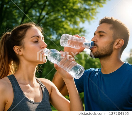 Healthy men and women hydrating under the blue sky 127284595