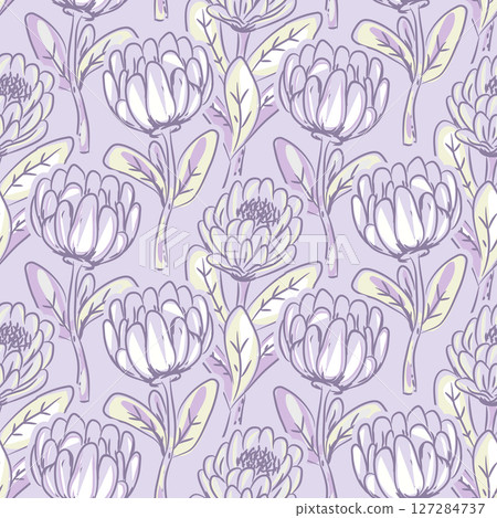 Protea flowers seamless pattern with on light violet background. Exotic floral wallpaper. Hand drawn style tileable texture for textile and wallpaper print. 127284737