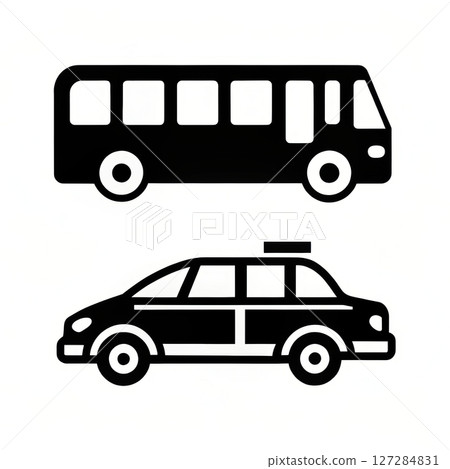 Transportation Icons with a Bus and a Taxi in Black and White for Graphic Design Use 127284831