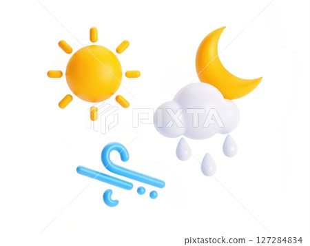 Colorful Icons Representing Weather Conditions with Sun, Cloud, Moon, and Wind Symbols 127284834
