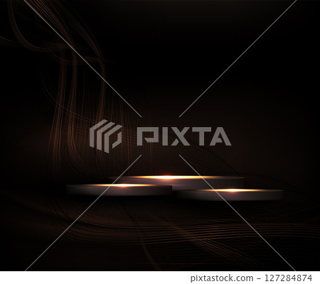 Illustration with a round podium with wavy ribbons in golden shades Illustration with a round podium with wavy ribbons in golden shades 127284874