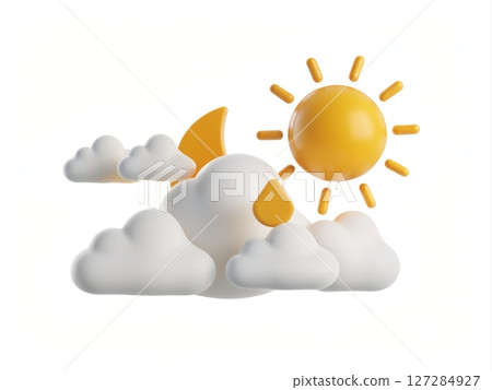 Bright Sun and Soft Clouds in Playful 3D Illustration for Cheerful Designs and Projects 127284927