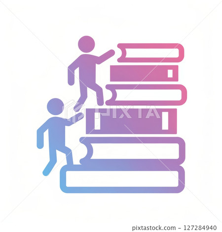 Two Figures Climbing Stacks of Colorful Books Representing Knowledge and Education Journey 127284940