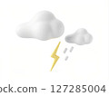 Cartoon Style Clouds with Lightning Bolt and Raindrops in Minimalist 3D Illustration Design 127285004