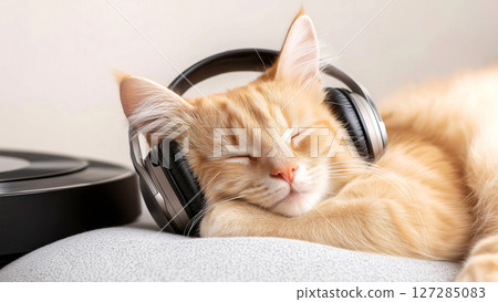 Ginger kitten sleeping listening music with headphones and turntable 127285083
