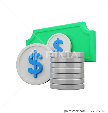 Money stack with coins and banknote in bright colors representing savings and financial growth 127285162