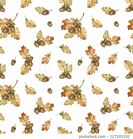 Oak branch with acorns and autumn leaves. Watercolor hand drawn floral seamless pattern on white background for fall forest design, cozy prints, cute home textile, wrapping paper, wallpaper, fabric 127285202
