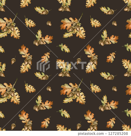 Oak branch with acorns and autumn leaves. Watercolor hand drawn floral seamless pattern on dark background for fall forest design, cozy prints, cute home textile, wrapping paper, wallpaper, fabric Oak branch with acorns and autumn leaves. Watercolor hand drawn floral seamless pattern on dark background for fall forest design, cozy prints, cute home textile, wrapping paper, wallpaper, fabric 127285208