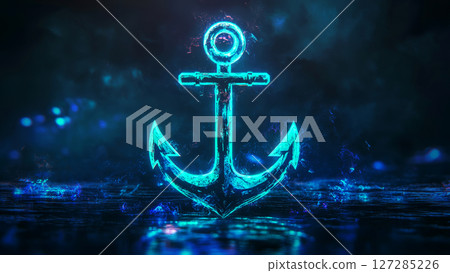 Glowing neon anchor reflecting on wet surface in dark environment 127285226