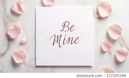 Be mine valentine's day card decorated with rose petals on marble background 127285290
