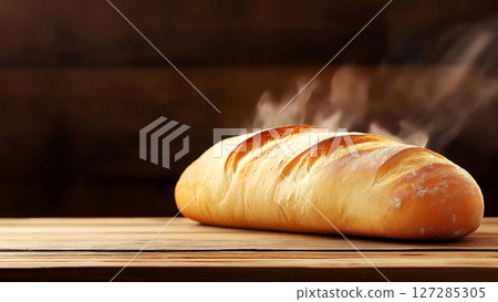 Freshly baked loaf of bread steaming on wooden table 127285305