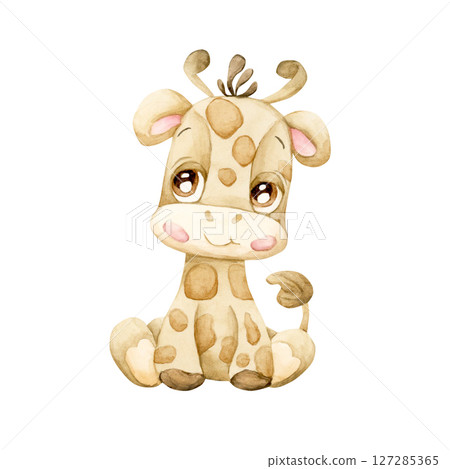 Cute Giraffe. Tropical African animal. Adorable wildlife. Watercolor hand painted illustration isolated on white background for safari jungle design kids nursery wall stickers baby shower poster card Cute Giraffe. Tropical African animal. Adorable wildlife. Watercolor hand painted illustration isolated on white background for safari jungle design kids nursery wall stickers baby shower poster card 127285365