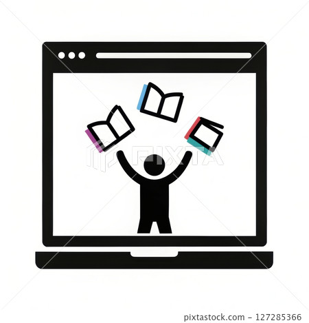 Person Celebrating Knowledge with Books in Front of Computer Screen Icon Illustration 127285366