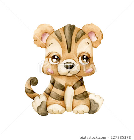 Cute Tiger. Tropical African animal. Adorable wildlife. Watercolor hand painted illustration isolated on white background for safari jungle design kids nursery wall stickers baby shower poster card 127285378