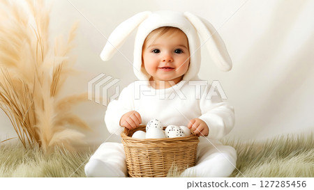 Adorable baby wearing bunny costume holding easter eggs basket 127285456