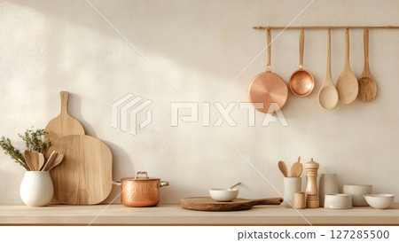 Modern kitchen interior with copper and wooden utensils displayed on shelf 127285500