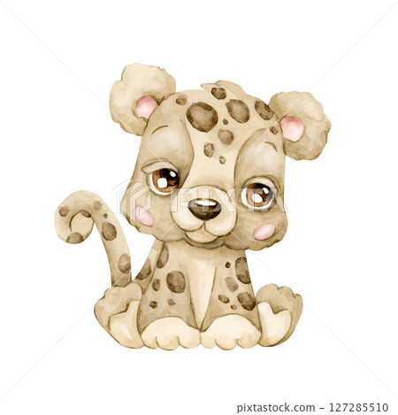 Cute Leopard. Tropical African animal. Adorable wildlife. Watercolor hand painted illustration isolated on white background for safari jungle design kids nursery wall stickers baby shower poster card Cute Leopard. Tropical African animal. Adorable wildlife. Watercolor hand painted illustration isolated on white background for safari jungle design kids nursery wall stickers baby shower poster card 127285510
