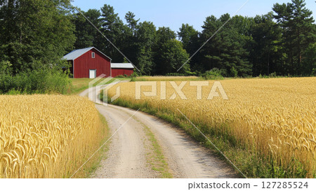 Winding country road leading to red barn through golden wheat field 127285524