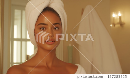 Model relaxing in luxury hotel bathroom wearing bathrobe and towel 127285525