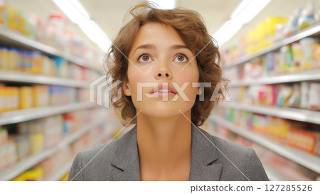 Young woman looking up while walking down a supermarket aisle 127285526