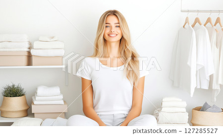 Influencer woman smiling and promoting minimalist lifestyle with white clothes 127285527