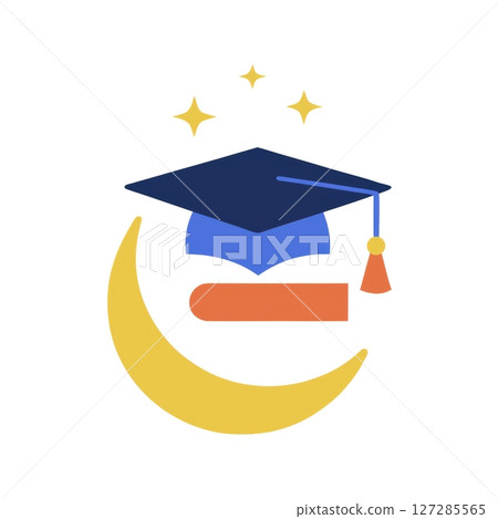 Graduation cap and moon illustration with stars showcasing academic celebration concept 127285565