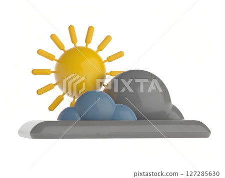 Bright Sun Peeking Through Whimsical Clouds with 3D Design Style Elements and Shapes 127285630