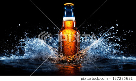 Beer bottle splash with water on dark background. Refreshing design for branding and advertising 127285651
