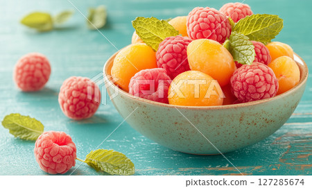Refreshing summer fruit bowl with frozen raspberries and apricots on turquoise table 127285674
