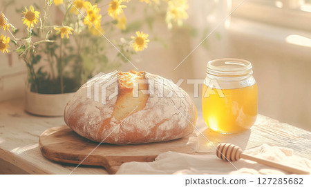 Freshly baked artisan bread and honey on rustic sunlit table with flowers. Charming countryside breakfast, healthy eating and bakery theme 127285682