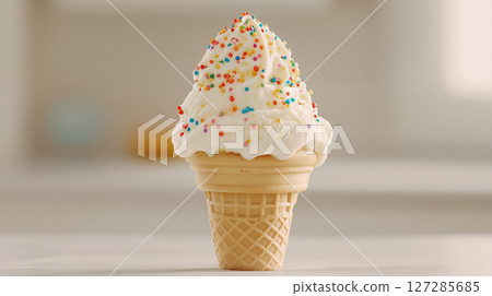 Delicious soft serve ice cream cone with colorful sprinkles on a table 127285685