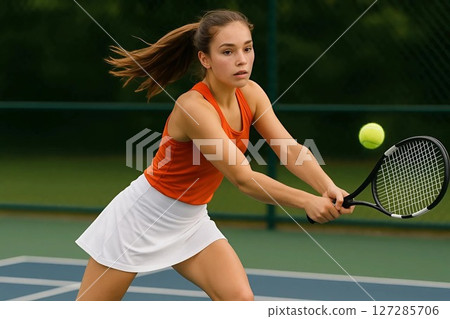 Active Young Girl Playing Tennis Outdoors in Dynamic Motion 127285706