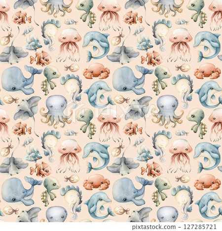 Cute sea animals Adorable underwater world. Whale dolphin octopus stingray fish. Watercolor summer pastel color seamless pattern on beige background for kids baby nursery textile fabric wrapping paper 127285721