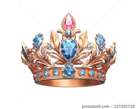 Golden crown with blue and pink gemstones shining on white background 127285729