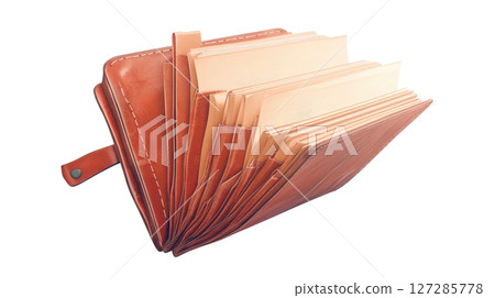 Brown leather wallet full of blank sheets of paper on white background 127285778