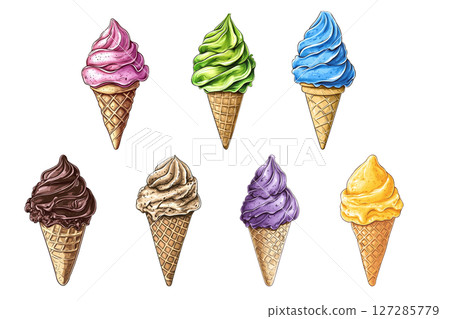 Colorful set of soft serve ice cream swirling in waffle cones is melting Colorful set of soft serve ice cream swirling in waffle cones is melting 127285779
