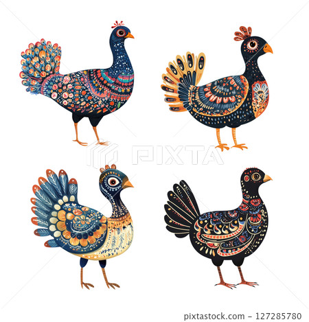 Four colorful guinea fowls showing their beautiful plumage 127285780