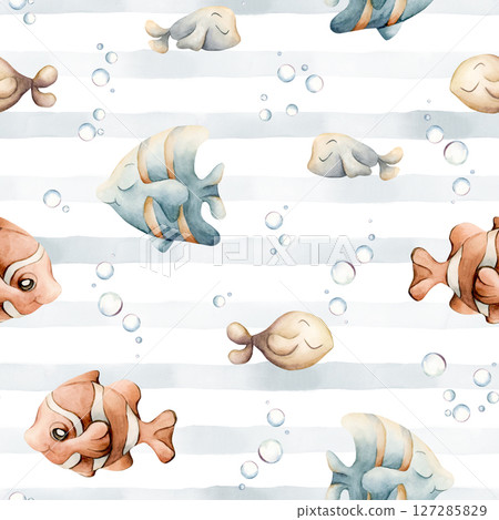 Sea Fishes Water Bubbles. Watercolor hand painted summer underwater blue striped seamless pattern on white background. Cute pastel neutral clown fish angelfish for kids baby nursery textile fabric 127285829