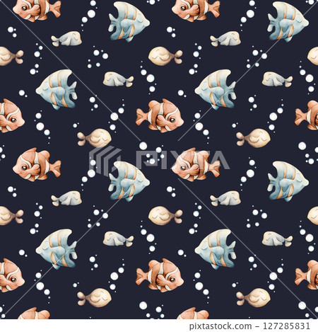 Sea Fishes Water Bubbles. Watercolor hand painted summer underwater seamless pattern on dark blue background. Cute pastel neutral clown angelfish for kids baby nursery textile fabric wrapping paper 127285831