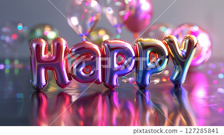 Shiny balloons forming the word Happy stand on a reflective surface, surrounded by colorful lights and other balloons, creating a festive atmosphere 127285841
