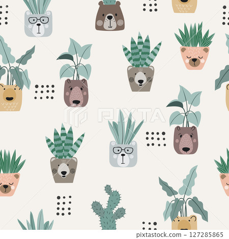 Seamless cartoon plants in pots as bear face pattern Seamless cartoon plants in pots as bear face pattern 127285865