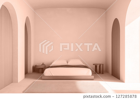 Serene bedroom showcases mocha mousse bedding and simple modern furniture. Modern trendy tone hue shade 127285878