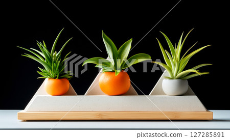 Air plants growing in citrus fruits and ceramic pot on minimalist stand 127285891