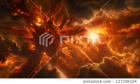 Breathtaking nebula with fiery clouds illuminated by a bright star creating a spectacular cosmic scene Breathtaking nebula with fiery clouds illuminated by a bright star creating a spectacular cosmic scene 127286104