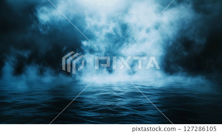 Fog rolling over dark blue sea waves, creating a mysterious and fantasy atmosphere Fog rolling over dark blue sea waves, creating a mysterious and fantasy atmosphere 127286105