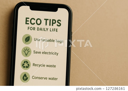Eco-Friendly Tips for Sustainable Living on Smartphone with Minimalist Background Eco-Friendly Tips for Sustainable Living on Smartphone with Minimalist Background 127286161