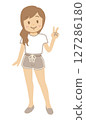Full-body view of a young woman in loungewear making a peace sign 127286180