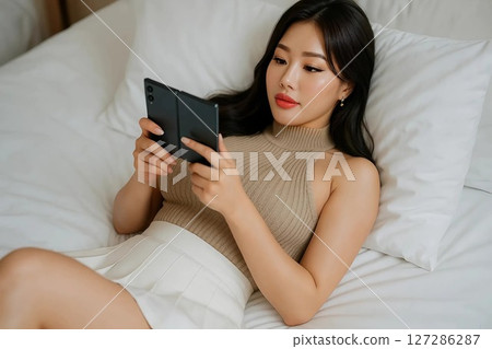 Glamorous Korean Woman in Sleeveless Knit Top and White Pleated Skirt Using Foldable Phone Glamorous Korean Woman in Sleeveless Knit Top and White Pleated Skirt Using Foldable Phone 127286287