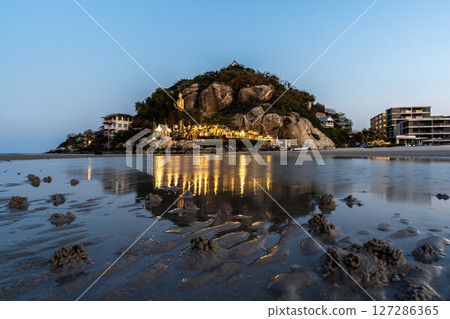 Mount Khao Takiab with a Buddhist temple and the sea in Hua Hin, Thailand. 127286365